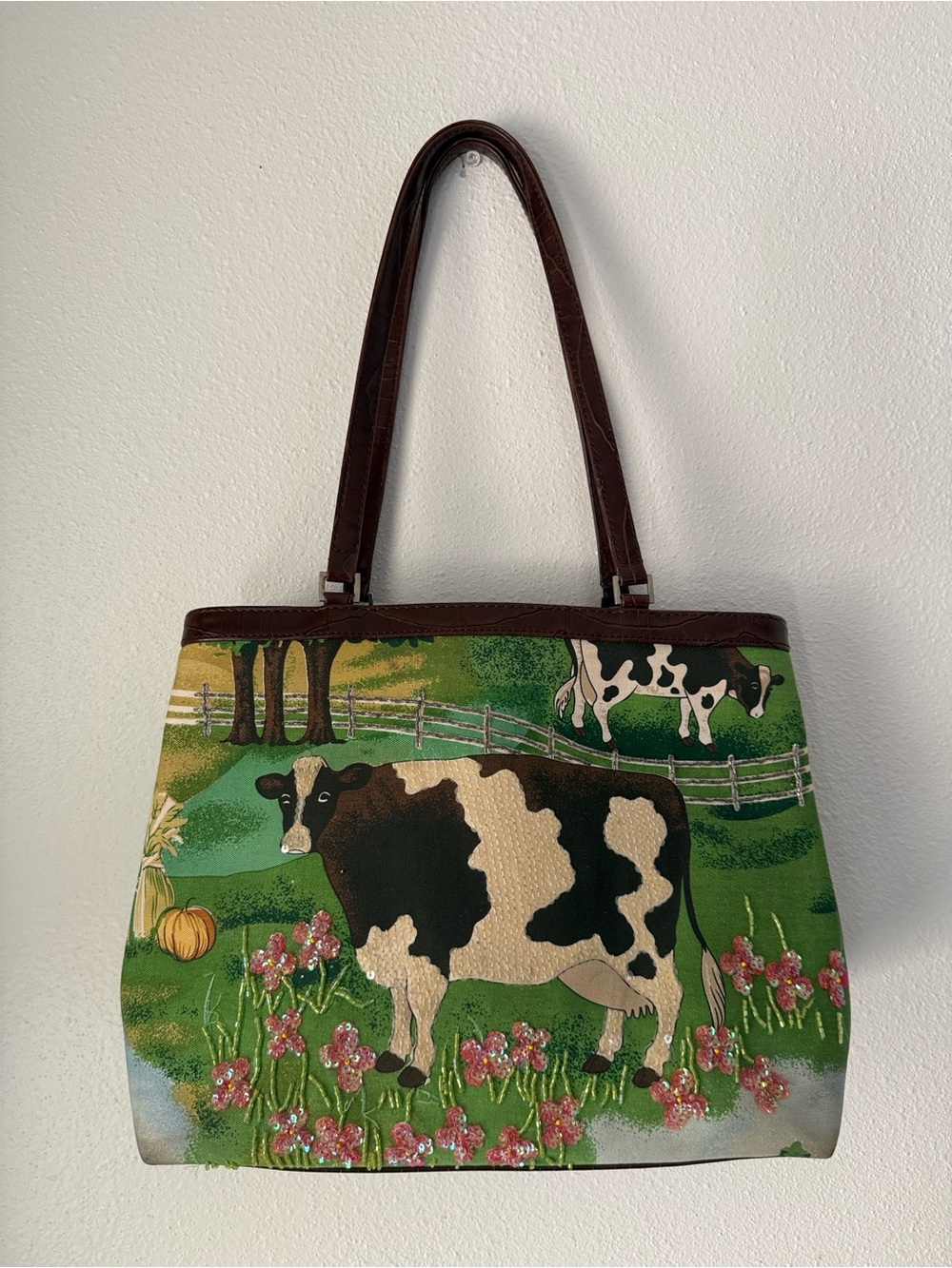 Vintage 90s  Cow Pastoral Scene Tote Bag Sequin Bead Croc Embossed Leather